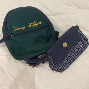 Tommy Hilfiger Green Backpack and Navy Crossbody Purse Bundle